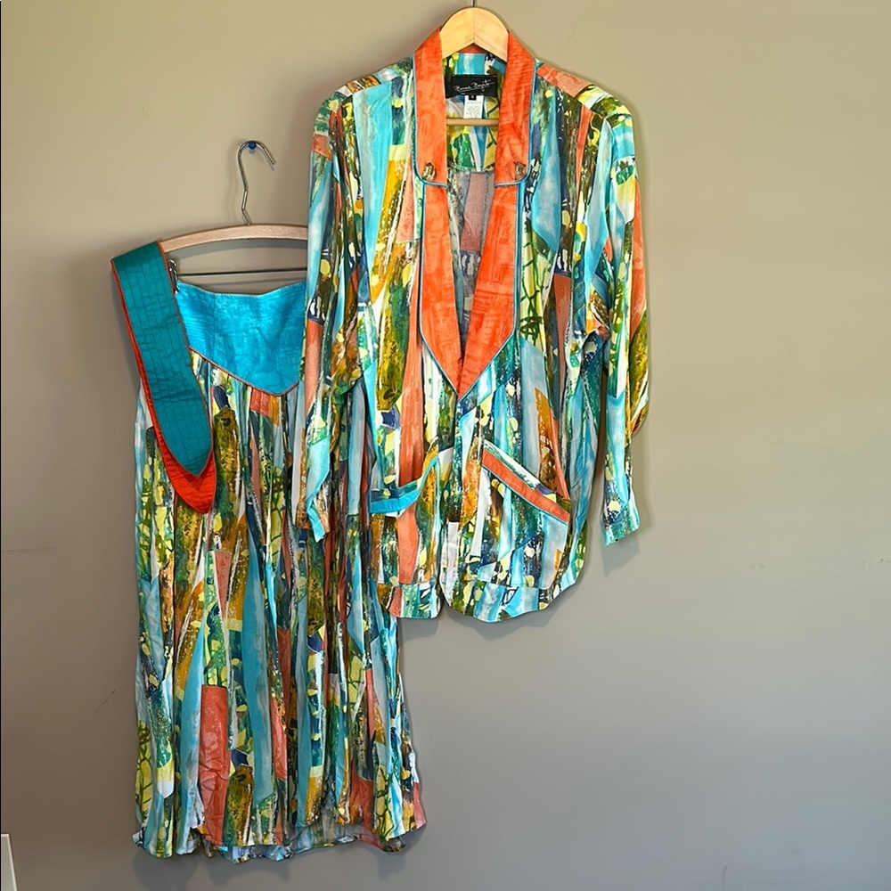Vintage Colorful Abstract Blouse Top Skirt and Belt Set